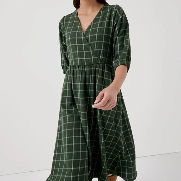 PACT Fireside Flannel Crossover Midi Dress Mountain View Check Green XL - Picture 2 of 13